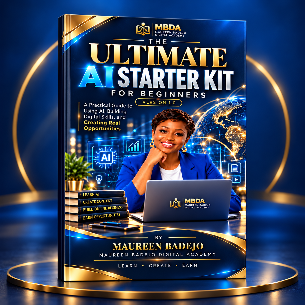 The Ultimate AI Starter Kit for Beginners by Maureen Badejo, 3D book-cover artwork